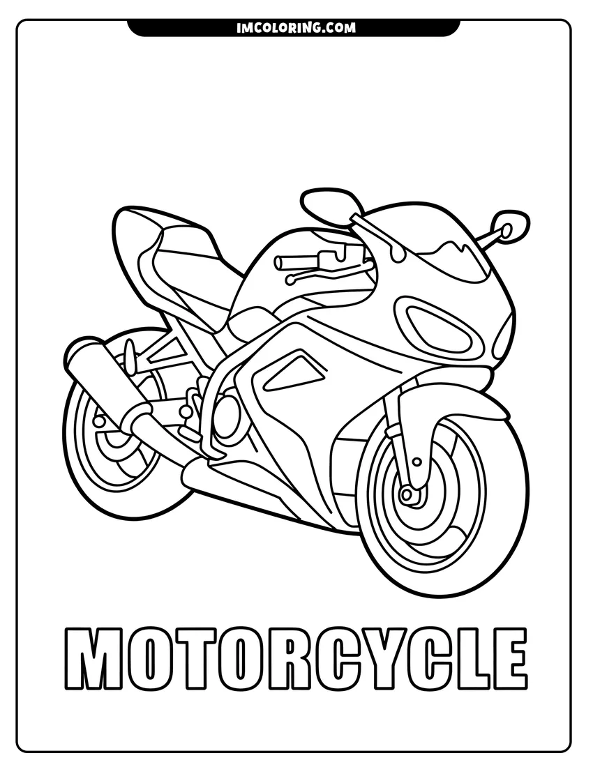 PDF style coloring page: A sleek sport motorbike with handlebars and mirrors, designed for kids to color
