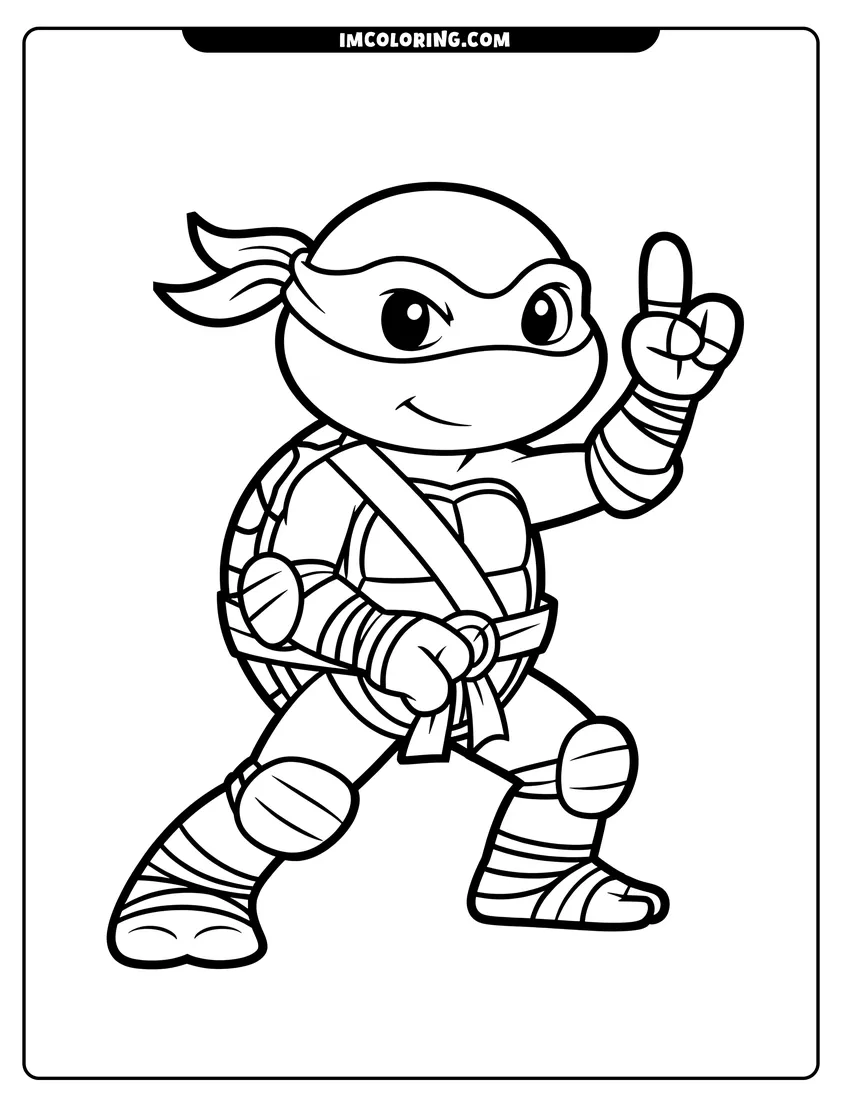 Coloring page for kids: A cartoon ninja turtle wearing a mask and bandages standing in a hero pose with one finger up