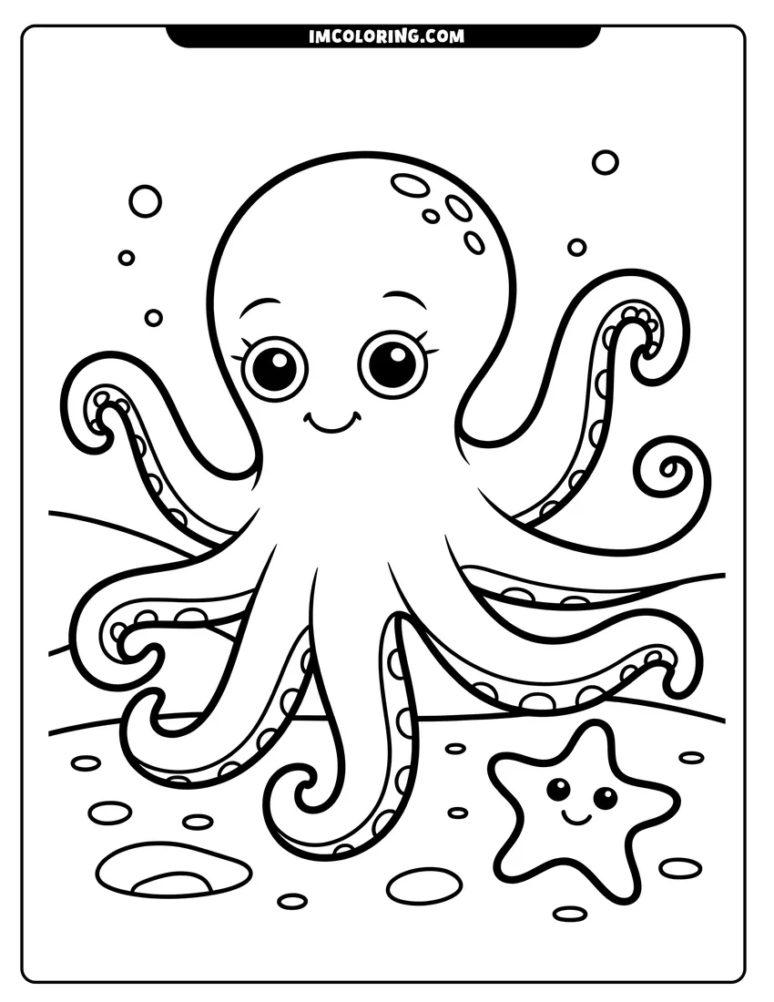 Simple sketch of A friendly cartoon octopus with big eyes swimming in the ocean next to a small smiling starfish to color