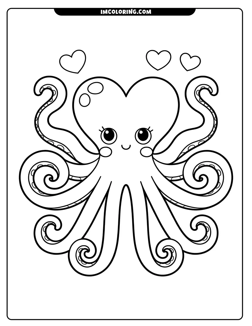 Vector style outline of A cute cartoon octopus with a heart-shaped head and curly tentacles surrounded by three small floating hearts