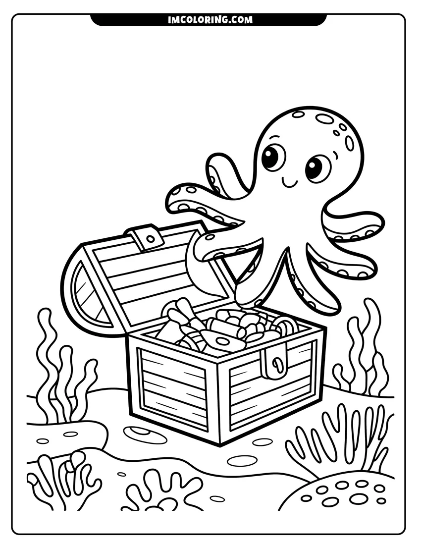 Free printable coloring sheet of A cute octopus smiling while floating above an open treasure chest on the sandy ocean floor with seaweed
