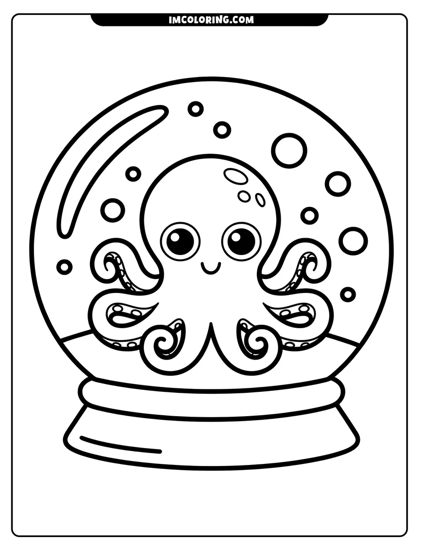 Coloring page for kids: A cute octopus with big eyes smiling inside a round glass bowl with bubbles in the background