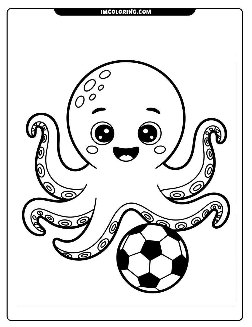 Full page coloring image of A smiling cartoon octopus with large eyes playing with a soccer ball using its many long tentacles