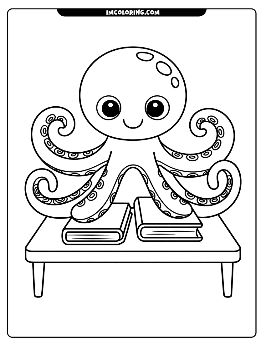 Outline drawing of A cute cartoon octopus with large eyes sits on a table while holding two closed books with its tentacles