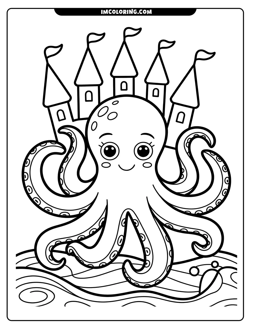 Coloring page for kids: A cute cartoon octopus with big eyes smiling in front of a sandcastle with five towers and flags