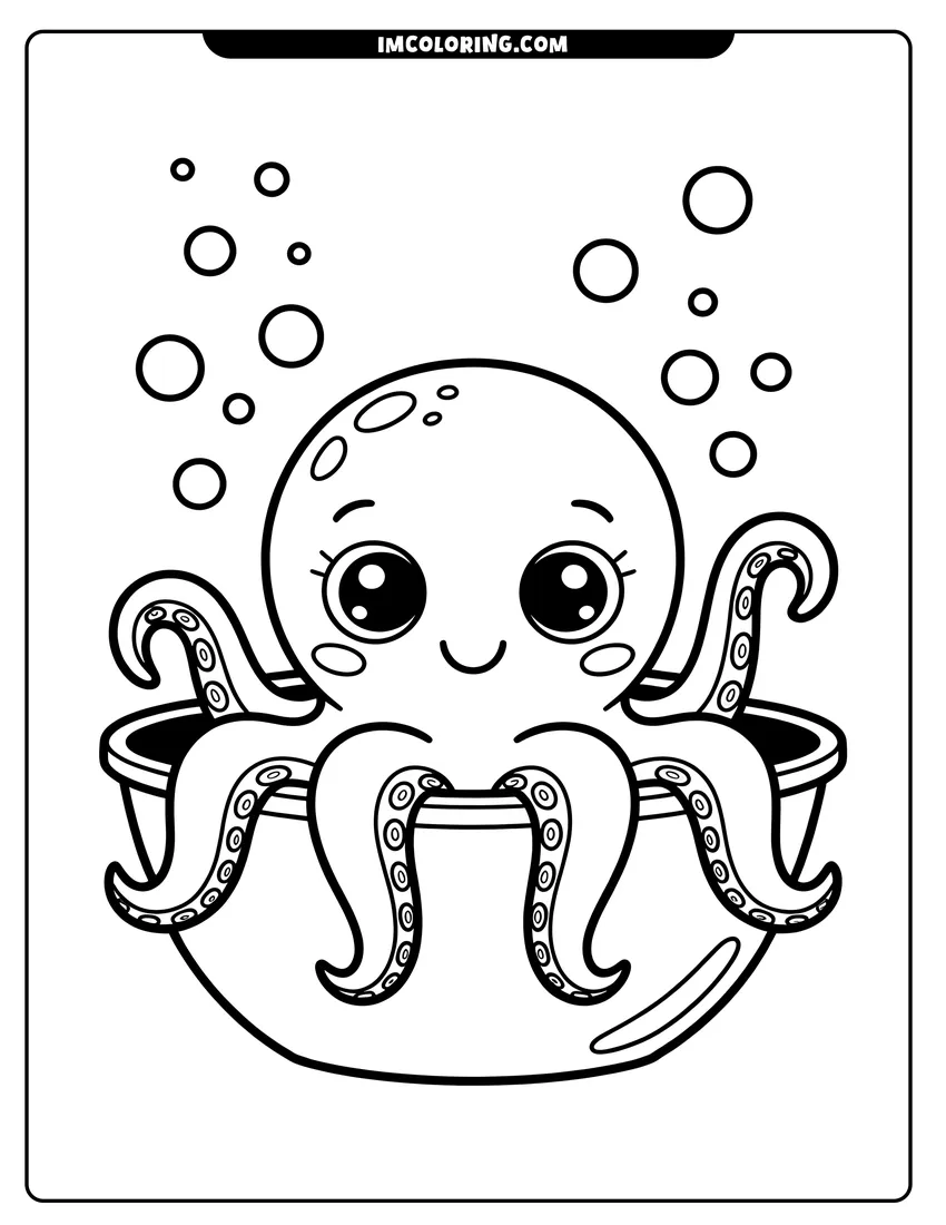 Clean line drawing: A cute cartoon octopus with big eyes sitting in a bowl with bubbles floating in the air
