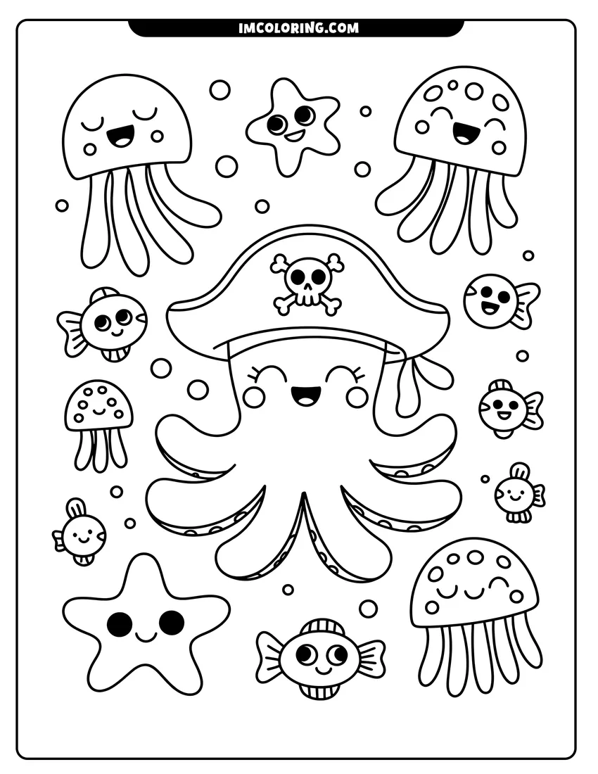 Full page coloring image of A cute pirate octopus wearing a skull hat surrounded by smiling jellyfish, fish, and starfish underwater