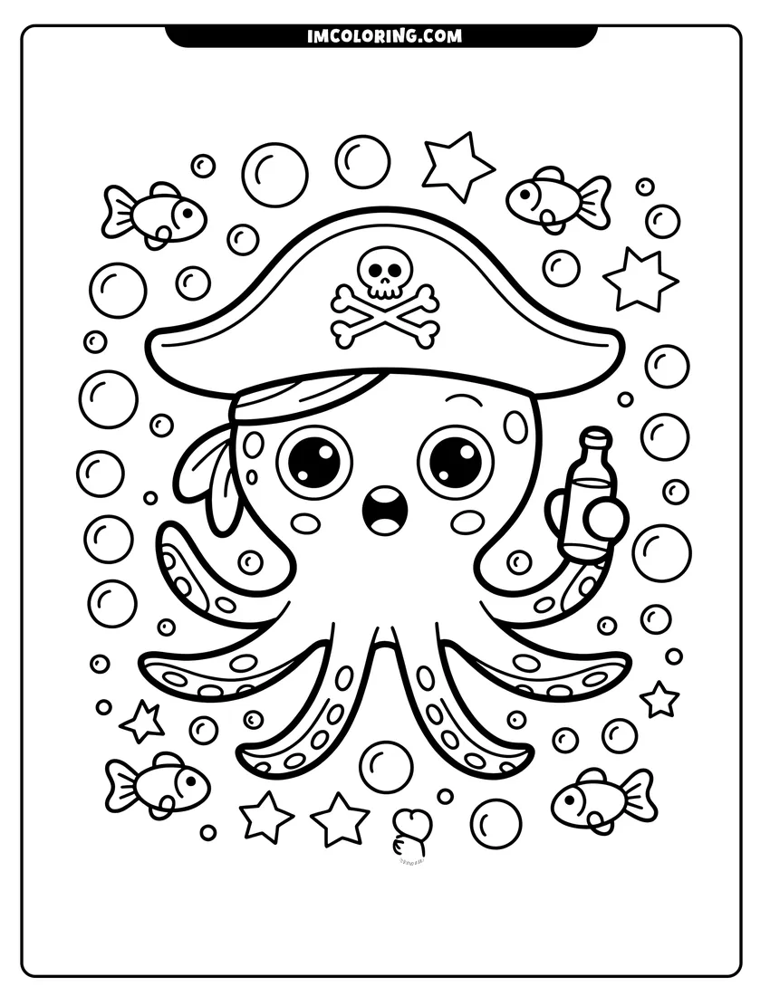 Coloring page of A cute octopus wearing a pirate hat holding a bottle underwater surrounded by bubbles, fish, and stars