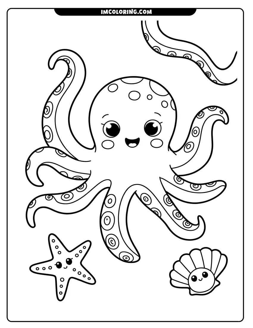 Outline drawing of A smiling cartoon octopus with spots and suction cups next to a starfish and a seashell