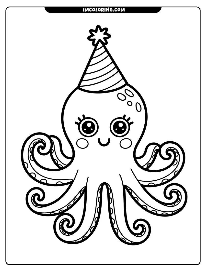 Printable line art of A cute cartoon octopus with big eyes wearing a striped party hat with a star on top