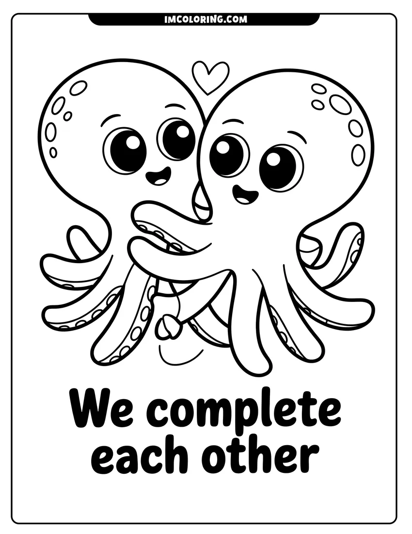Coloring sheet featuring Two cute cartoon octopuses with big eyes hugging each other with a small heart floating above them
