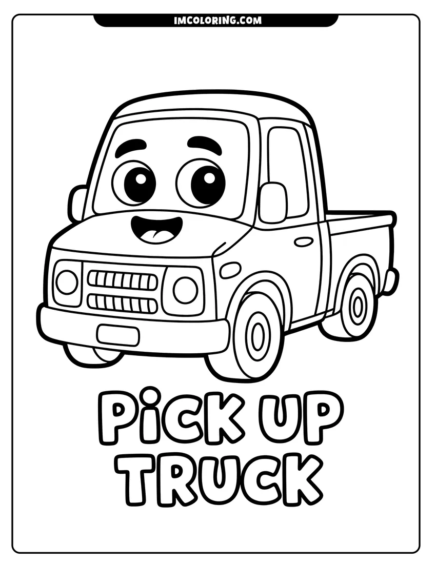 Clean line drawing: A cheerful cartoon pick up truck with a happy face and large eyes parked on white background