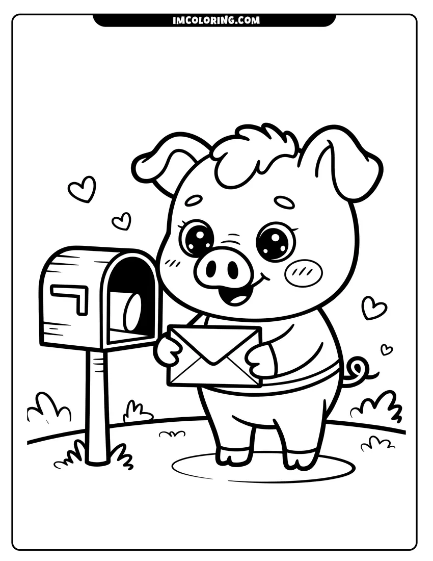 Doodle style coloring picture of A happy cartoon pig with big eyes holding a letter next to a wooden mailbox with hearts