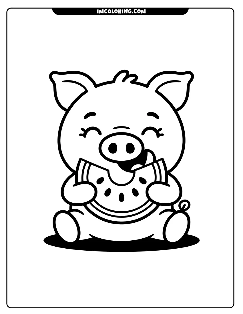 Downloadable coloring page of A cute cartoon pig sitting down and happily eating a large slice of watermelon with black seeds
