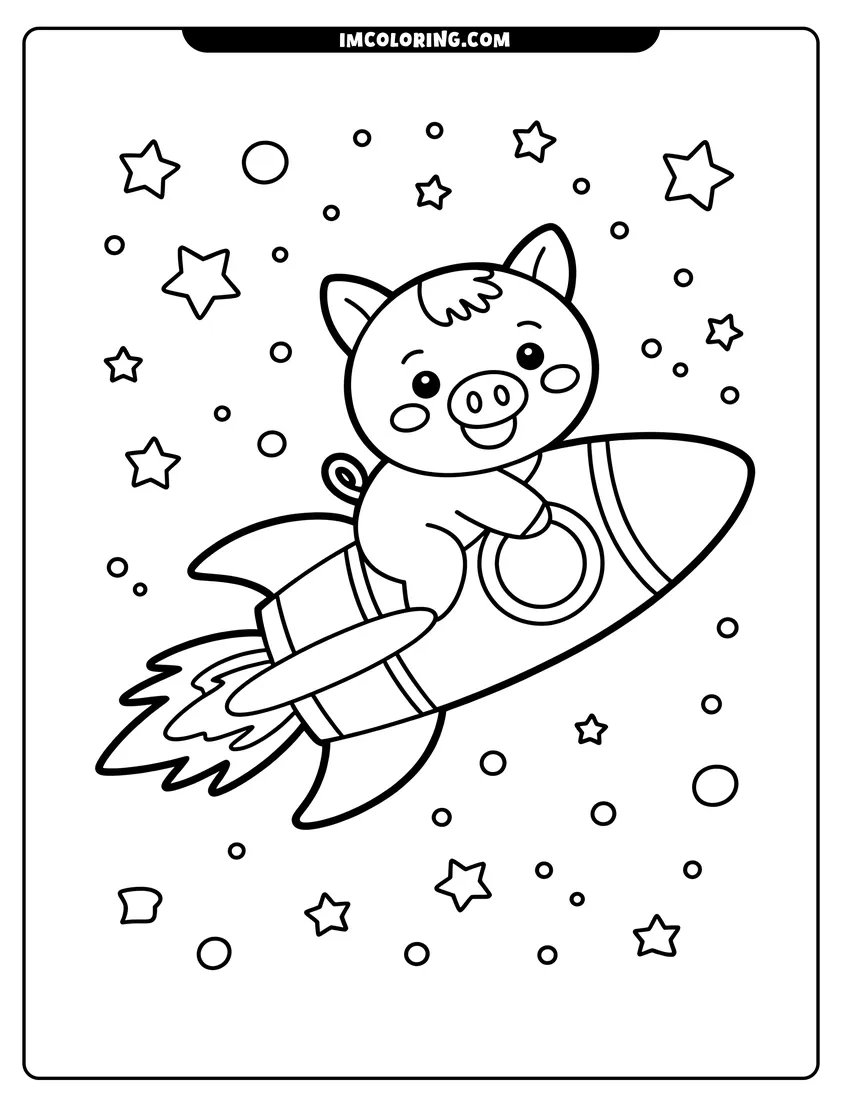 Free printable coloring sheet of A cute piglet with a curly tail flying a rocket ship through a starry sky with many stars
