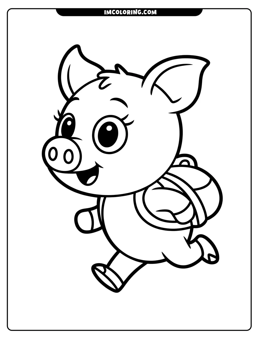 Outline drawing of A cute cartoon pig wearing a backpack and running happily with a big smile and wide eyes