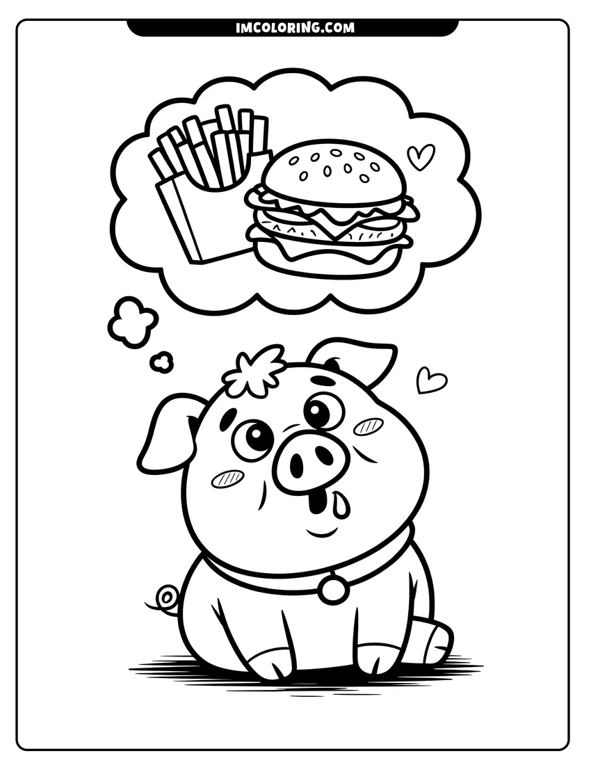 Full page coloring image of A cute cartoon pig sitting down and dreaming of a large hamburger and a box of fries