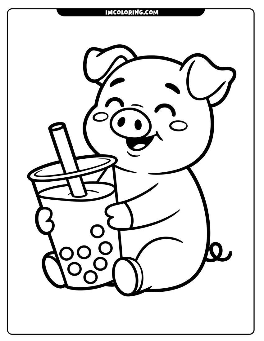 High quality printable A happy cartoon pig sitting down and holding a large cup of boba tea with a straw for coloring