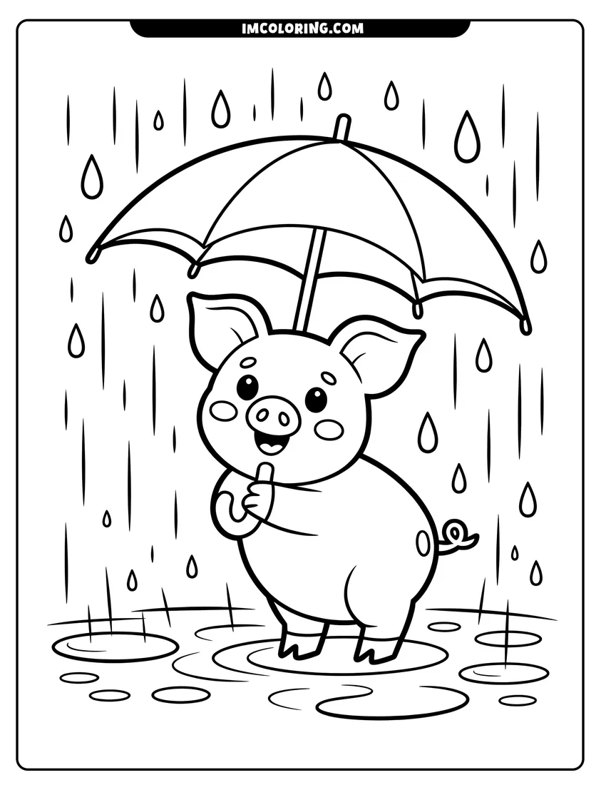 Simple sketch of A smiling pig standing in rain puddles while holding a large umbrella over its head to color
