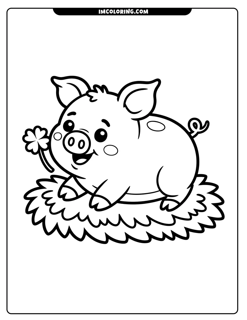 PDF style coloring page: A cute cartoon piglet with a curly tail sitting on grass and holding a four-leaf clover flower