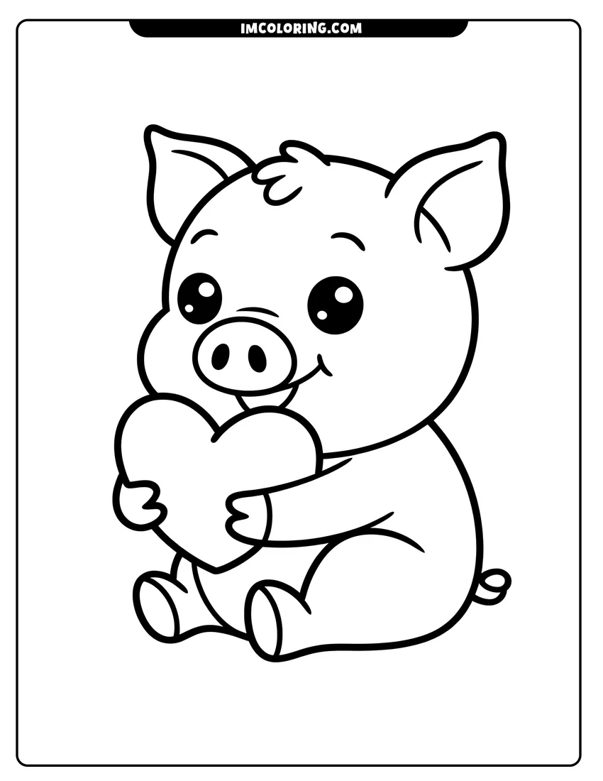 Printable coloring page of A cute cartoon piglet sitting down and hugging a large heart with a happy expression
