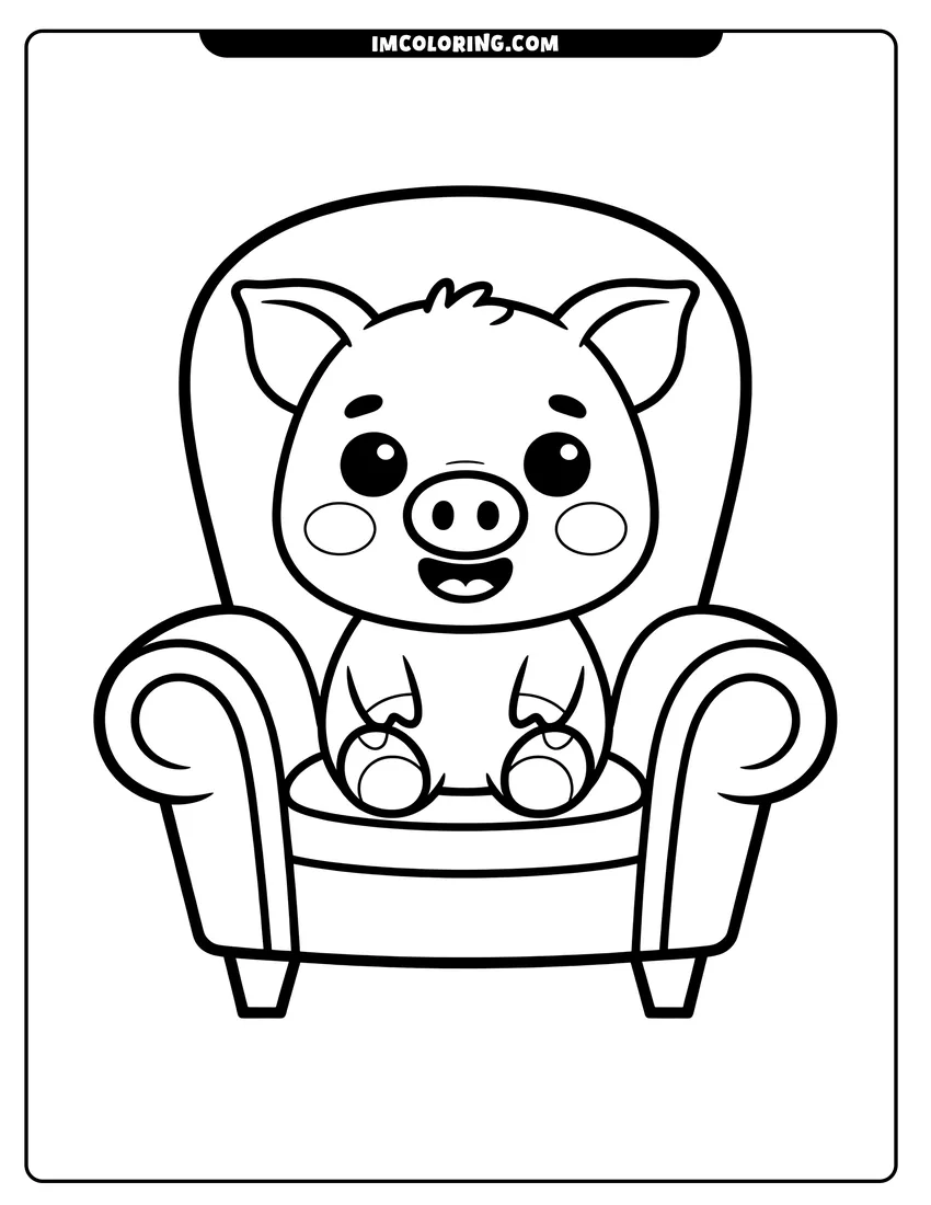 PDF style coloring page: A smiling baby pig with large eyes sitting comfortably inside a large upholstered armchair with thick outlines