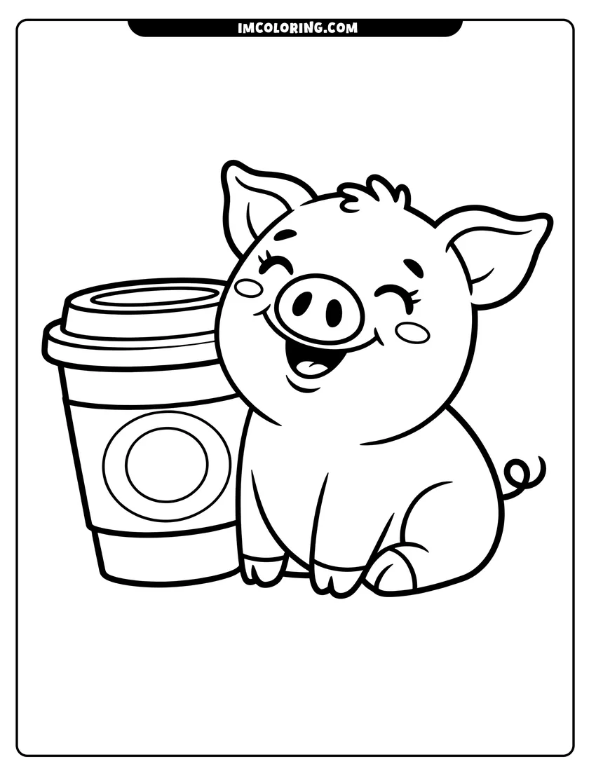 Full page coloring image of A cute smiling baby pig sitting next to a large takeaway coffee cup with thick outlines