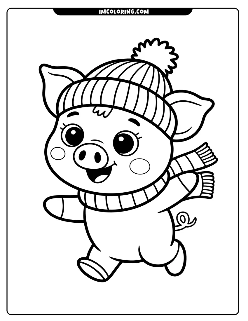 Free to print drawing of A happy cartoon pig wearing a knit hat and scarf running with a joyful expression