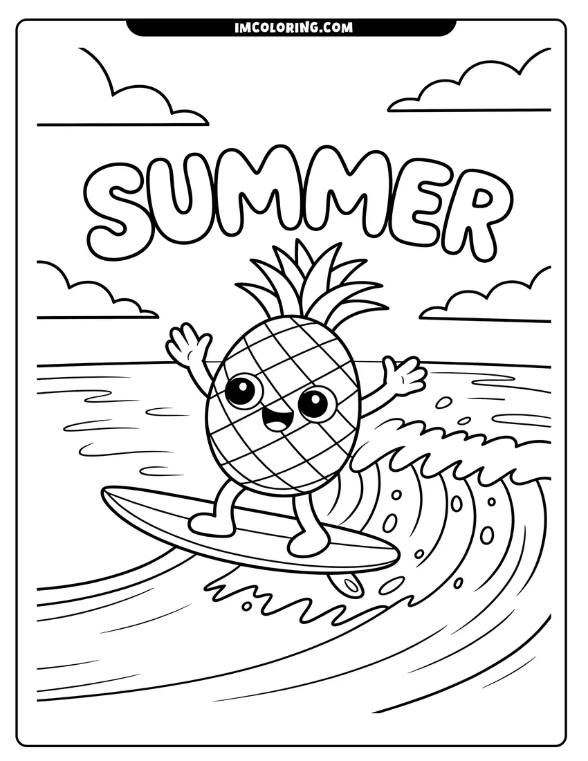 Clean line drawing: A happy cartoon pineapple with a smiling face surfing on a large ocean wave under summer clouds