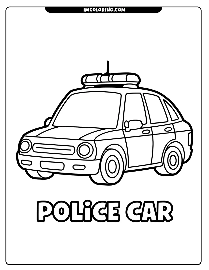 Black and white line art of A simple outline of a police car with a siren on top and large wheels for patrolling