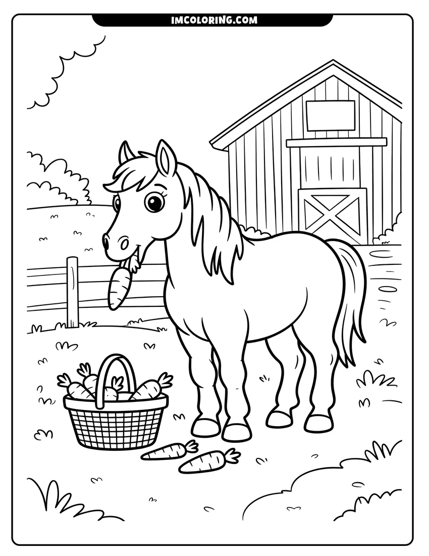 Downloadable coloring page of A smiling cartoon horse stands in front of a barn eating a carrot from a full basket