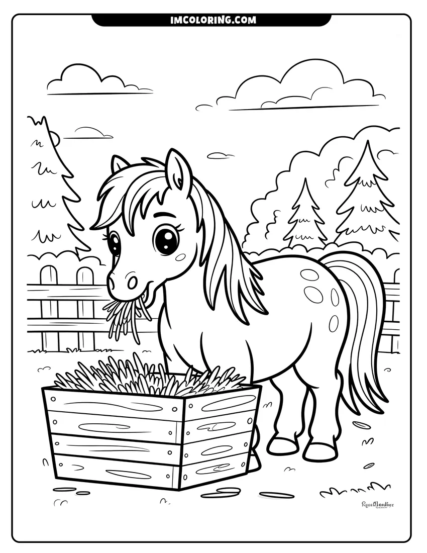 Free printable coloring sheet of A cute spotted pony with big eyes eating hay from a wooden crate on a sunny farm