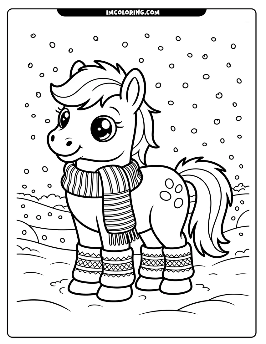Coloring page for kids: A cute pony with a scarf and winter boots standing in the snow with falling snowflakes