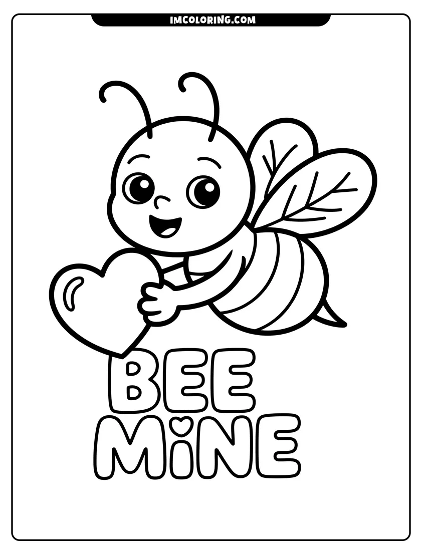 Simple sketch of A smiling cartoon bee flying while holding a heart above the bubble text saying Bee Mine to color