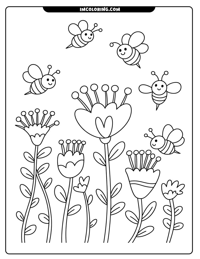 Downloadable coloring page of Five cute cartoon bees with smiling faces flying over a group of tall, blooming spring flowers