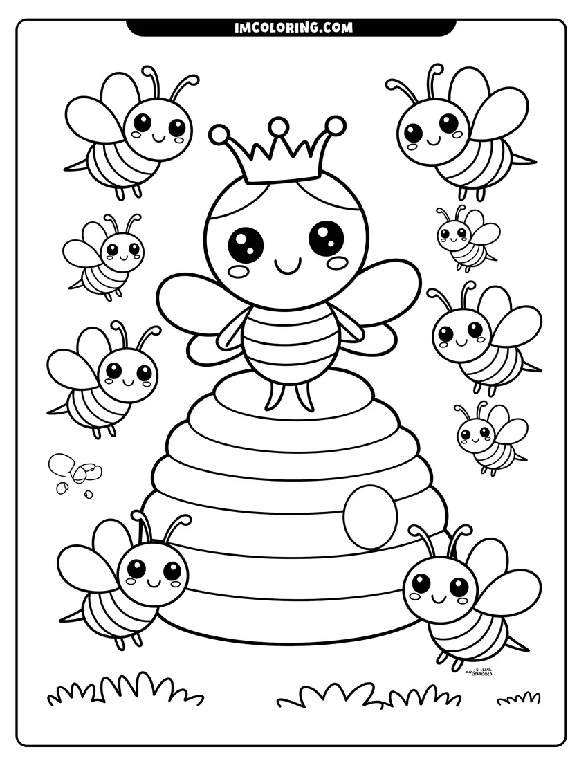 Black and white line art of A cute queen bee wearing a crown sits on a beehive surrounded by several smiling worker bees