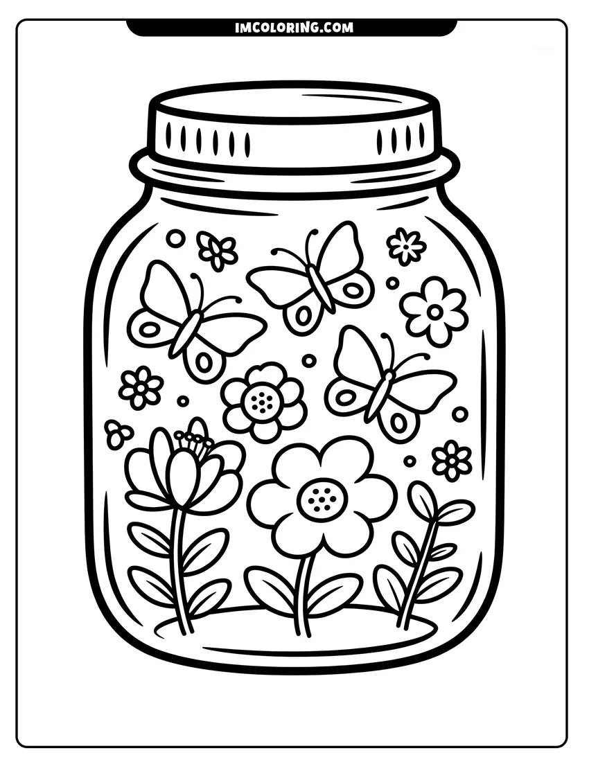 Full page coloring image of Three butterflies and several flowers inside a glass mason jar with thick outlines for easy coloring