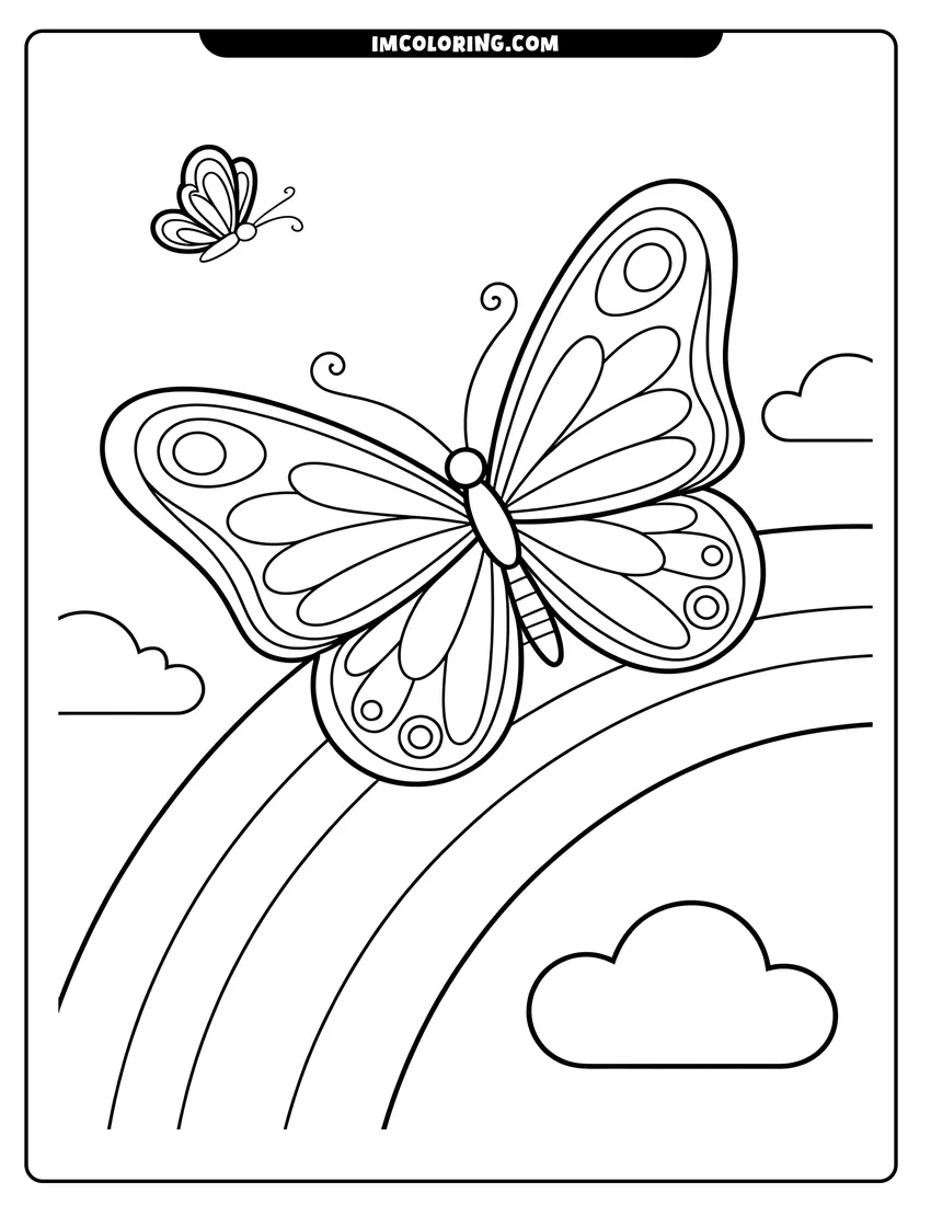 Free printable coloring sheet of A large butterfly with patterned wings flying over a rainbow in a sky filled with clouds