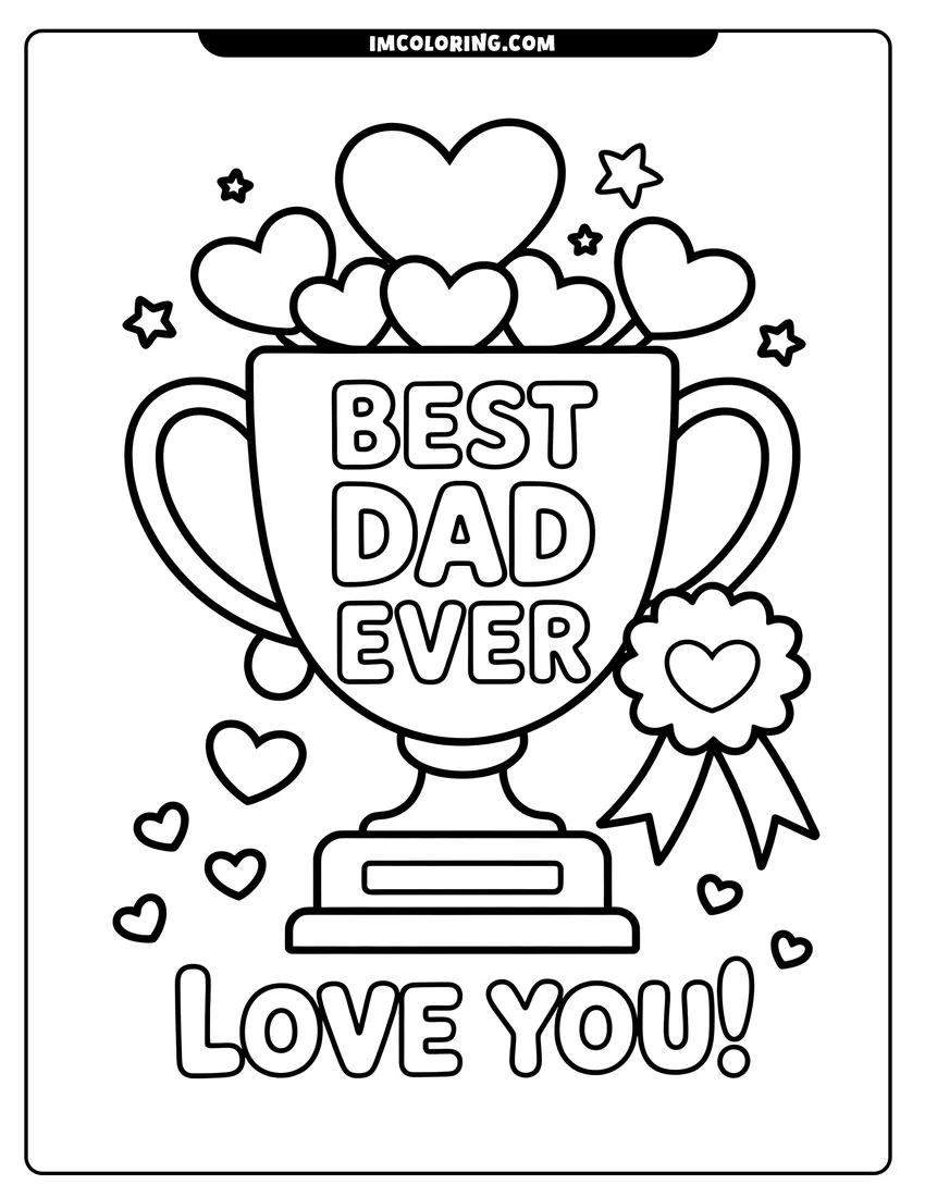 Printable line art of A trophy engraved with Best Dad Ever overflowing with many hearts and stars alongside an award ribbon