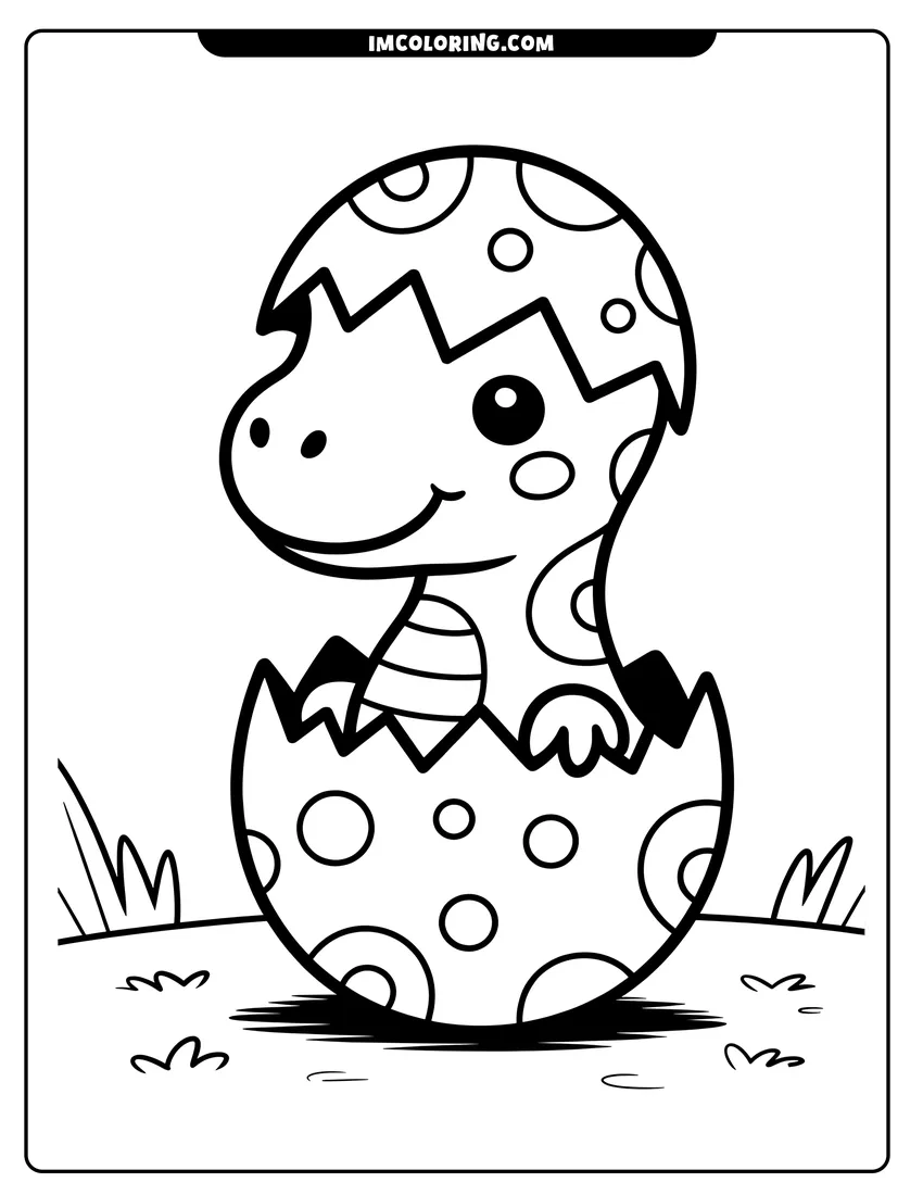 Outline drawing of A cute baby dinosaur with spots hatching from a polka-dotted egg in a grassy field