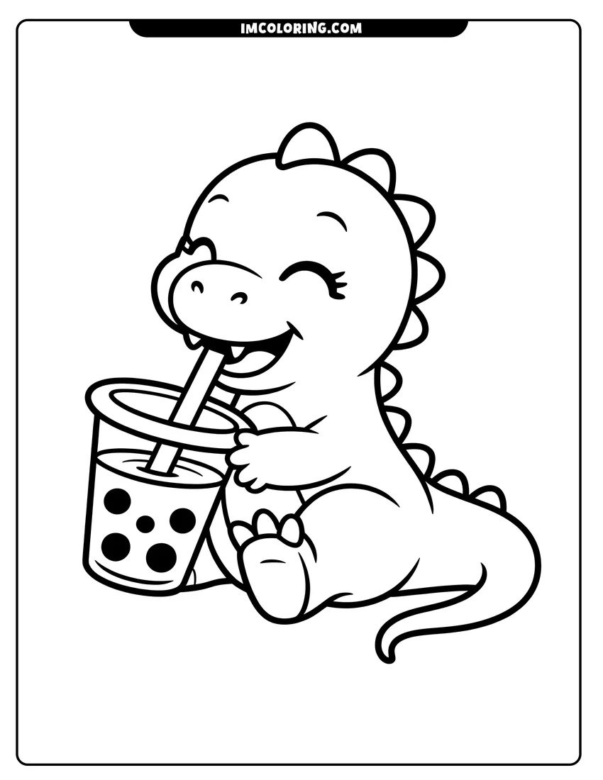 High quality printable A happy baby dinosaur sitting down and drinking a cup of bubble tea with large boba pearls for coloring