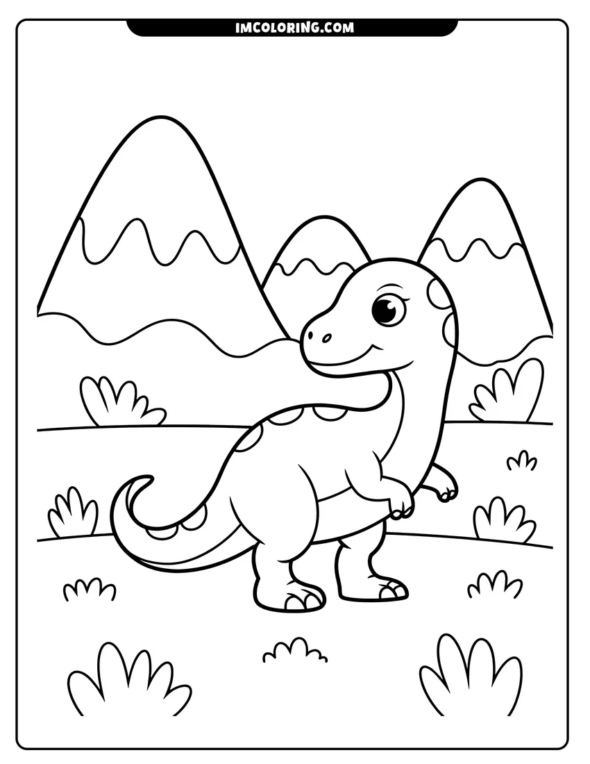 Coloring sheet featuring A cute cartoon dinosaur with spots standing in a field with large mountains in the background