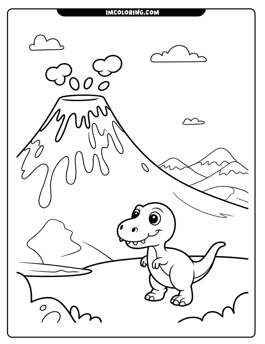 Downloadable coloring page of Smiling baby T-Rex standing in a prehistoric landscape with a large erupting volcano and fluffy clouds