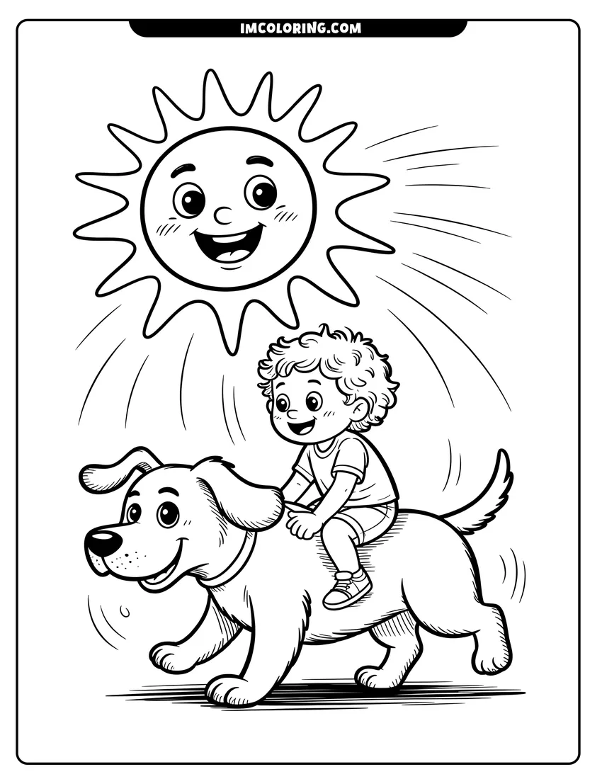 Printable coloring page of A happy little boy riding on the back of a friendly dog under a smiling sun