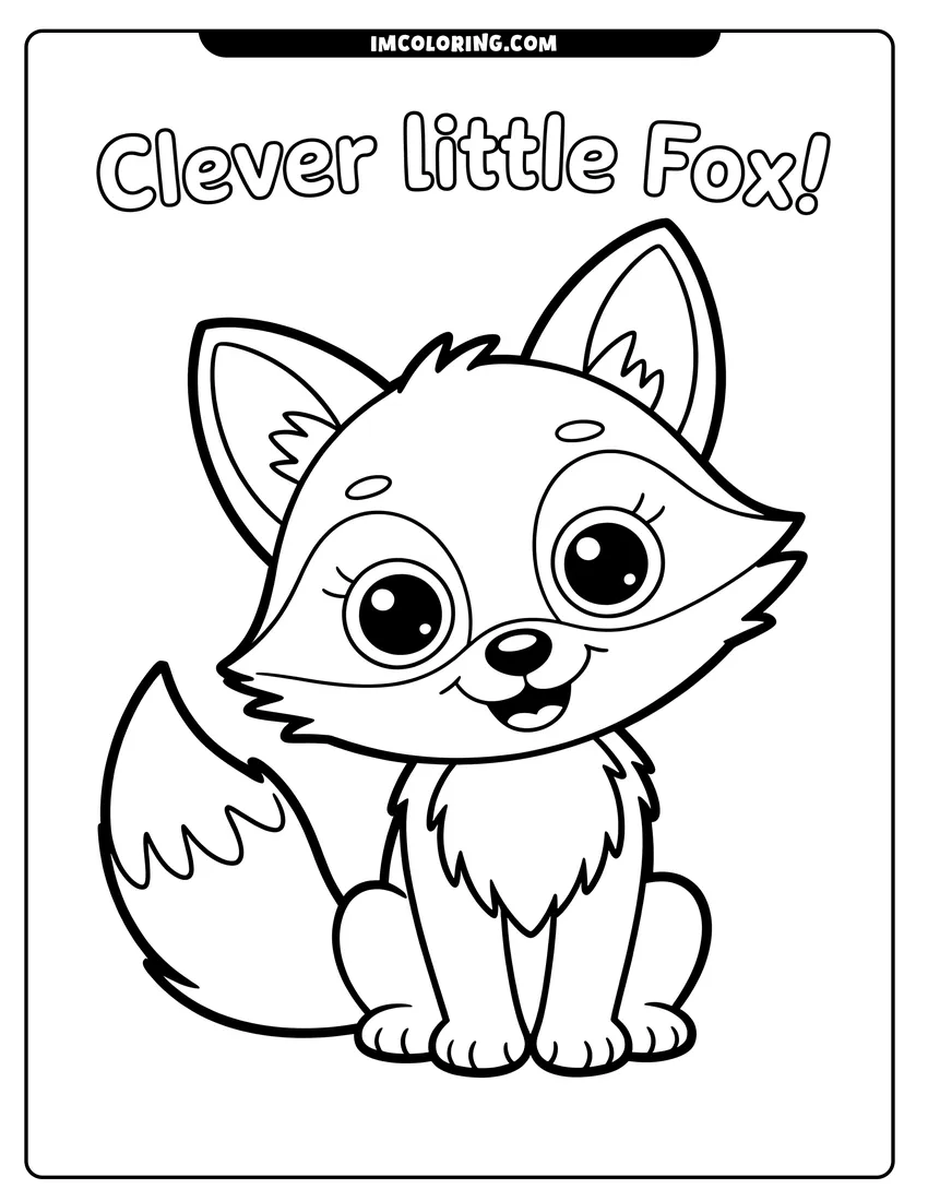 Linear illustration of A cute cartoon fox sitting down with large eyes and a bushy tail featuring text Clever Little Fox