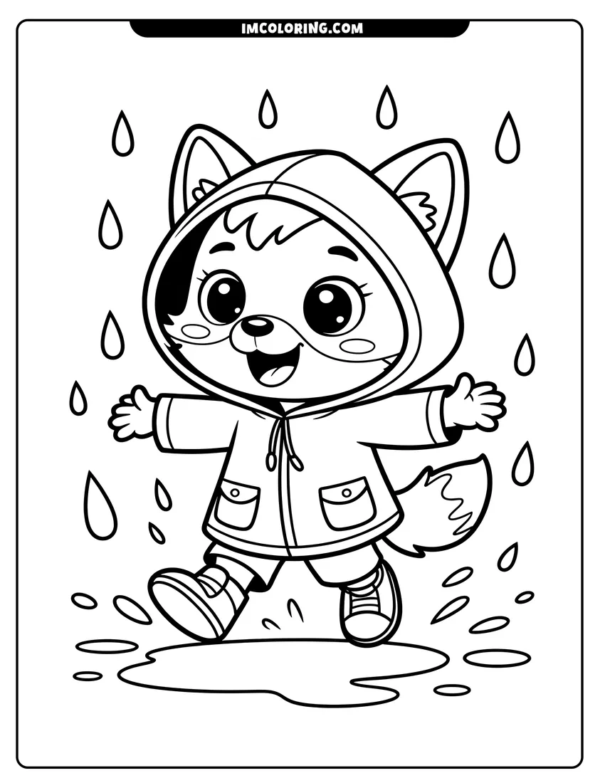 Printable line art of A happy cartoon fox wearing a raincoat and hood splashes in a puddle during a spring rainstorm