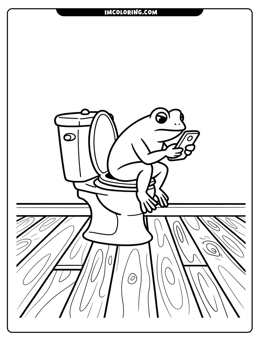 Printable coloring page of A cartoon frog sitting on a toilet and looking at a smartphone in a bathroom setting