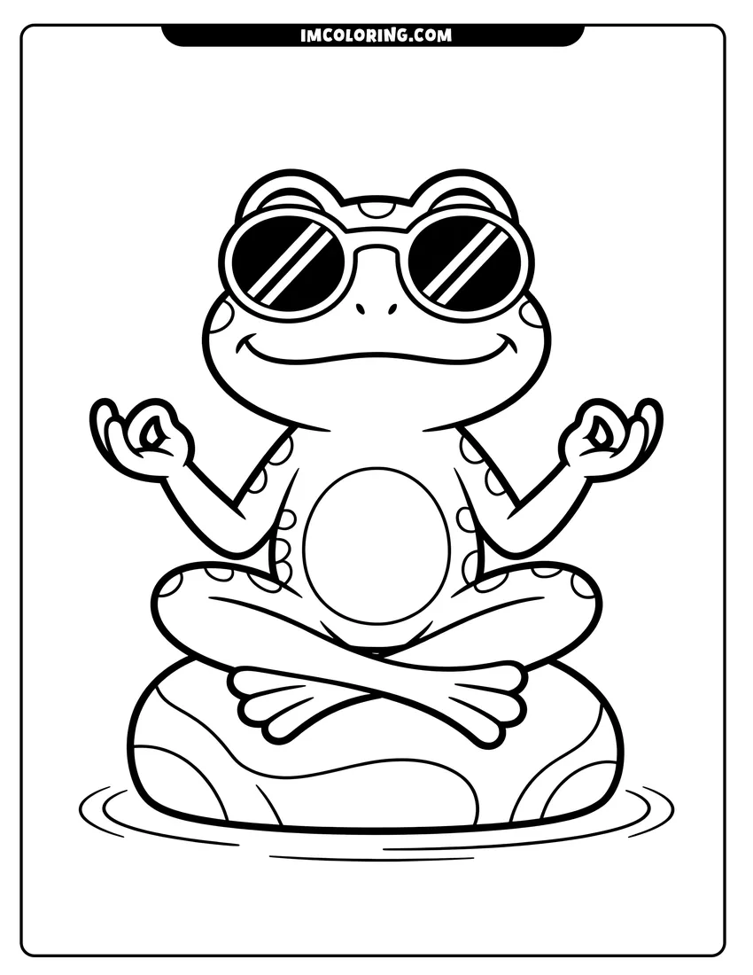 Outline drawing of A smiling cartoon frog wearing sunglasses sitting in a yoga pose on a rock in the water