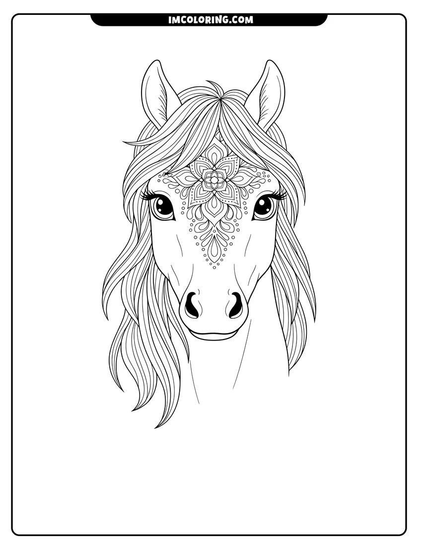 Free to print drawing of A horse head featuring a detailed flower mandala on its forehead and a flowing, wavy mane
