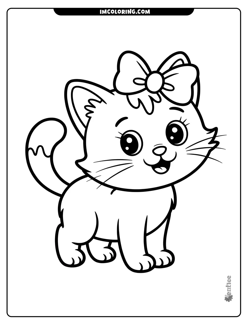 Coloring page of A smiling cartoon kitten standing and wearing a large decorative bow on top of its head